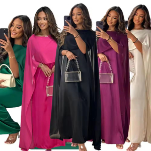 Robes pour femmes grande taille, col rond, châle de balançoire ample, robe en mousseline de soie solide, robe longue de Bohème, vêtements arabes - Product Image 2