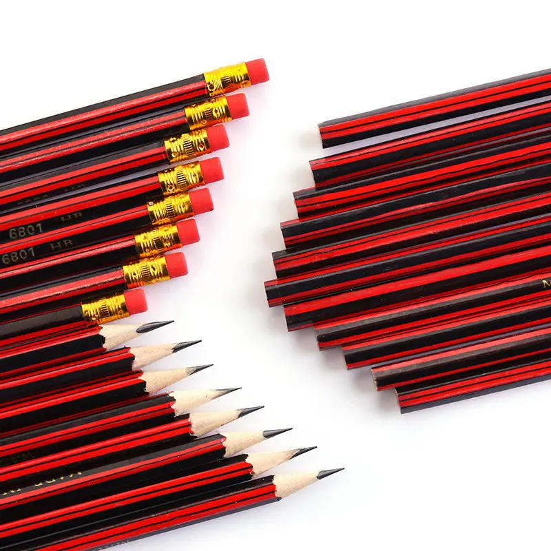 Wholesale HB Hexagonal triangle round Black Red Classic Wood Pencil Student Pencil with Eraser BOX
