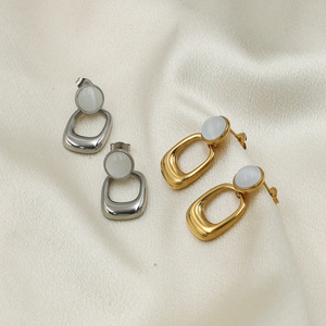Geometric Drop Earrings Gold Cat's Eye Stone Bezel Setting Everyday Wear - Product Image 2