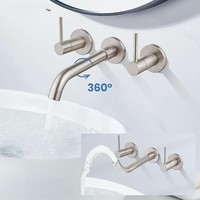 Robinet de salle de bain mural en laiton nickelé, à deux poignées, avec support mural large pour lavabo