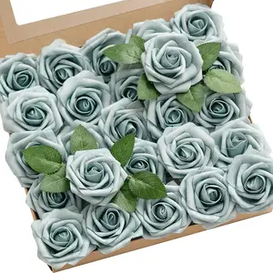 Artificial Wedding Flower Box Set 25PCS Dusty Blue Roses w/Stem for DIY Wedding Decor Centerpieces Arrangements Bouquets