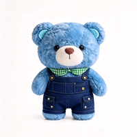 Peluche d'ours bleu en tissu doux, adorable ours avec pantalon à bretelles, peluche d'ours bleu personnalisée