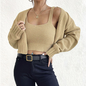 Conjunto Feminino de 2 Peças em Tricô: Top Cropped e Cardigã Aberto com Detalhes Canelados – Roupa Grossa de Outono para Lazer 2026 - Product Image 1