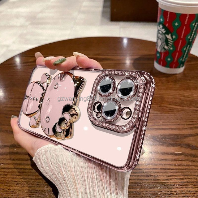 Chrome Bling Diamond Protective Phone Case for iPhone 18 All Model 17 16 15 Shockproof Lens Film Cover Mirror Stand