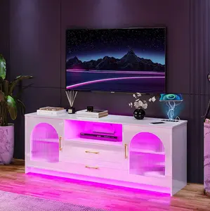 Modern TV cabinets with LED lights Media Console with Glass Door Two Drawers and 5 Large Open Storage Spaces TV Stands