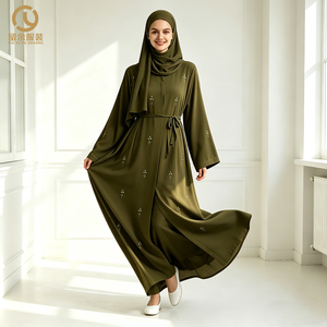 Abaya Ouverte en Mousseline <span class=keywords><strong>Kaki</strong></span> avec Fines Broderies Florales Style Décontracté Taille Naturelle Respirante Antistatique Écologique - Product Image 4