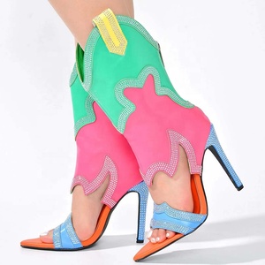 Botines de tacón alto con punta abierta transpirables de otoño para mujer, sandalias de tacón de aguja con cremallera trasera, zapatos de mezclilla - Product Image 5