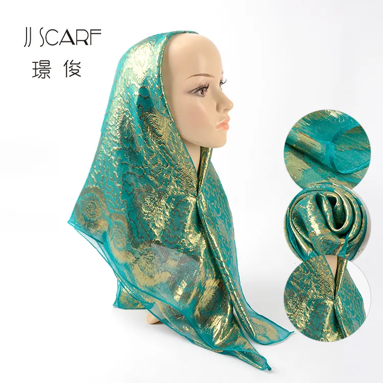 Novo estilo quadrado macio de seda fios de ouro floral mulheres paquistanesas cachecol hijab