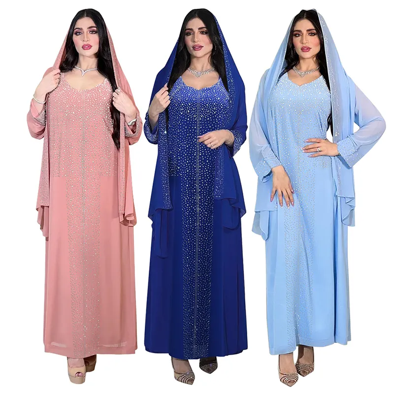 Dames Elegante Strass Arabische Islamitische Kleding Gewaad Femme Bescheiden Abaya Jurk Met Sjaal