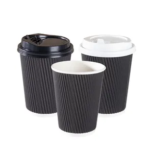100 ml 110 130ml 10oz 12 oz 커피 양각 블랙 리플 컵 뚜껑이있는 흰색 일회용 종이컵