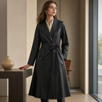 Manteau trench en peau de mouton pour femme, noir, col à revers, double boutonnage, ceinturé, évasé, mi-long, élégant, en cuir