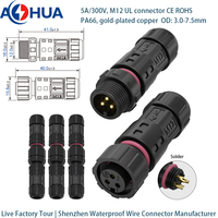 Connecteur circulaire M12 certifié IP68 étanche, de type soudable, à 2 broches, mâle-femelle, pour assemblage fil à fil