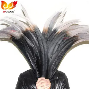 Поставщик ZPDECOR, высокое качество, размер 65-70 см, окрашенные черные серебряные перья фазана с серым наконечником для карнавальных танцевальных костюмов