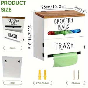 <b>Kitchen</b> Grocery Bag <b>Storage</b> <b>Box</b> With Trash Dispenser Wooden Top White Rectangle Standing Type Punch Free - Product Image 5
