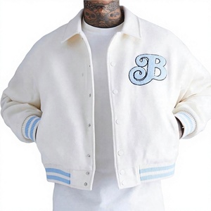 Veste varsity blanche pour homme, lettres brodées bleues, style preppy, col mandarin, coupe classique, vêtements d'hiver, 100% coton/laine - Product Image 2