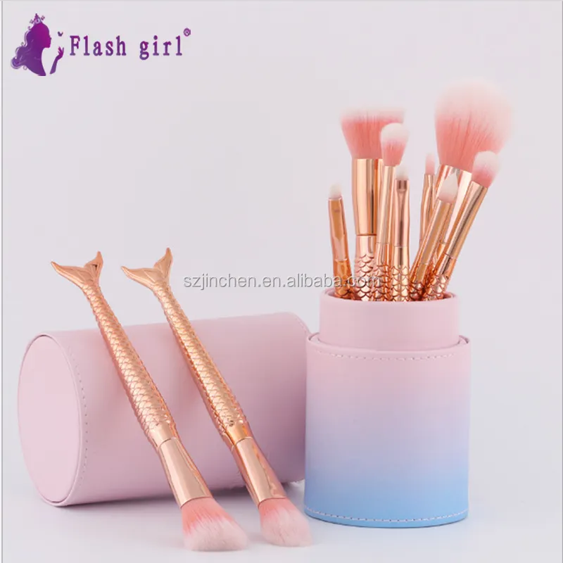 personalized makeup brushes mermaid shape 10pcs set with PU bag rose gold brush set beauty make-up product