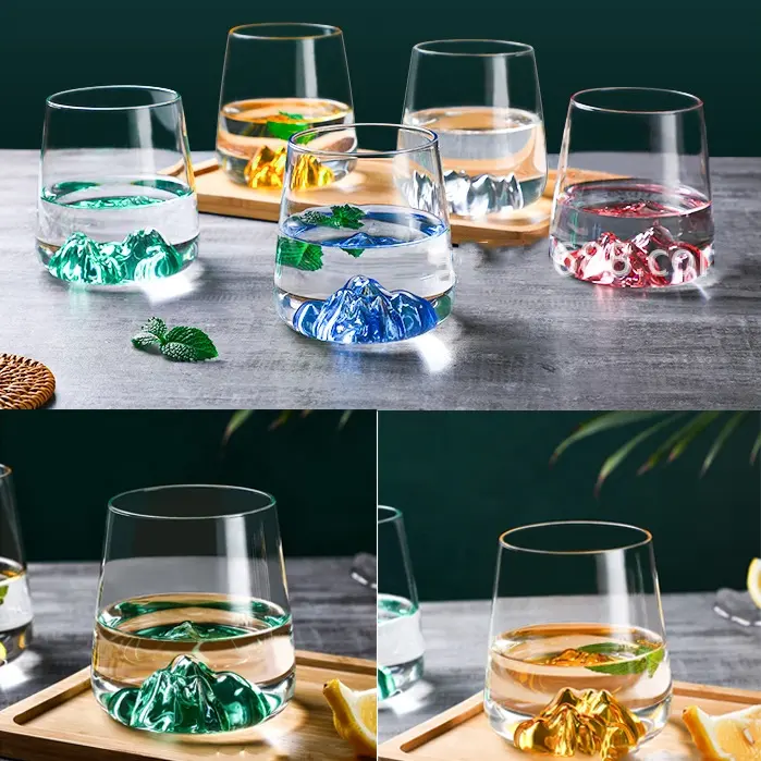 Yeni tasarım özel kullanımlık el yapımı yaratıcı borosilikat Fuji dağı sapsız şarap kadehi viski bardağı
