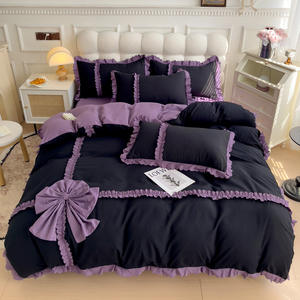 Parure <span class=keywords><strong>de</strong></span> <span class=keywords><strong>lit</strong></span> <span class=keywords><strong>de</strong></span> luxe 4 pièces en coton lavé, housse <span class=keywords><strong>de</strong></span> couette contrastée jaune et noir avec volants et nœuds décoratifs pour chambre à coucher - Product Image 2