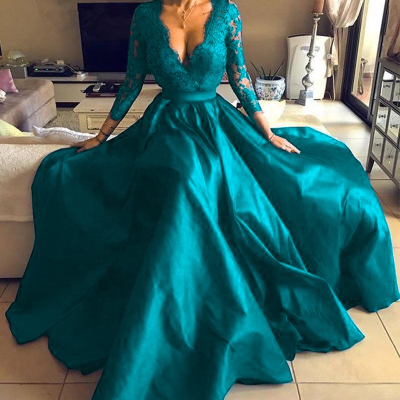 MANNI Turquoise Evening Dress Lace Appliques Long Sleeves Split Prom Dresses Party Gowns