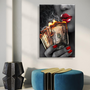 Tableau mural Femme sexy avec billets de banque et cigarette, Affiches et impressions pour salon, Graffiti de rue mode avec lèvres sexy et billets, <span class=keywords><strong>D</strong></span>écoration intérieure - Product Image 1