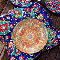 Vente en gros de cuisine platos colorée de style bohème nordique, salle à manger, service de table en porcelaine de bohème, ensemble d'assiettes en céramique marocaine