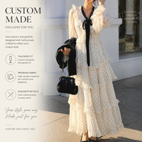 Robe longue élégante et douce pour femme, à pois, col en V, avec ceinture noire et nœud, manches longues, volants multicouches, taille cintrée