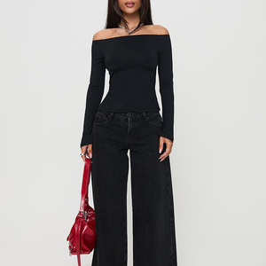 <span class=keywords><strong>Maglietta</strong></span> <span class=keywords><strong>nera</strong></span> a maniche lunghe personalizzata per ragazze Slim Sexy sulle spalle top Crop da donna - Product Image 2