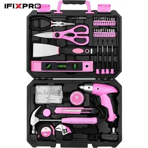 126Pcs Pink Power Tool Combo Kit 8V Rotatable Electric Screwdriver DIY Household Women Lady Tool Set Hot Sale Lady Tool Set