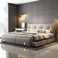 Lit double de 2 mètres de style italien, luxe léger, en cuir véritable, avec rangement, cadre en bois massif - Nouveau lit élégant haut de gamme