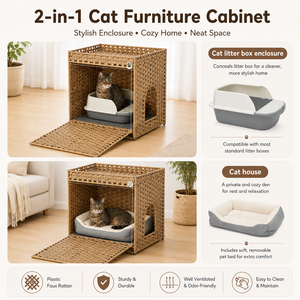 Meuble <span class=keywords><strong>de</strong></span> Luxe Pliable en Faux Rotin pour Bac à Litière, Meuble Moderne Dissimulé pour Chat, Grande Maison Intérieure pour Chats - Product Image 2