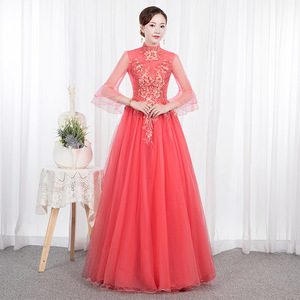 Watermelon Red Long Evening Gown With Puffy Skirt For Stage Performance Women Adult Size 129 Solid Color Polyester Fabric - Product Image 3
