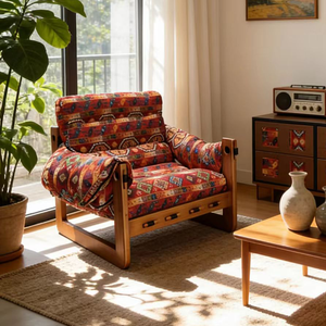 Sillón Individual de Madera Maciza, Estilo Nórdico Retro, Diseño de Tela, Sillón de Descanso para Sala de Estar, Balcón, Hotel, Casa de Huéspedes - Product Image 6