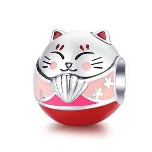 Qings Maneki Neko 魅力珠，925 纯银粉红色基蒂珐琅贝壳吊坠, 幸运可爱的猫珠适合女性