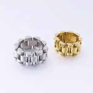 Sabuk berlapis emas 18K Hip Hop, cincin jari 10mm lebar baja tahan karat tali jam tangan cincin jari rantai untuk wanita