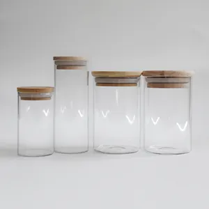 Cylindrical Wide Mouth Empty Food Container Straight Edge Glass Jar With Bamboo Lid