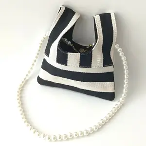 Pearl Chain Mini Women's Striped Canvas Tote Phone Bag For Sling Messenger Crossbody Shoulder Handbags Fanny Chest Pack Purses