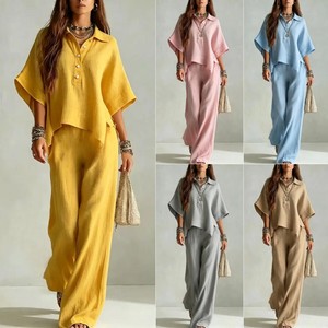 Ensemble deux pièces pour femmes, chemise à manches courtes et pantalon ample, couleur unie, costume décontracté, Smlxl2xl3xl4xl5xl, Europe et Amérique - Product Image 1