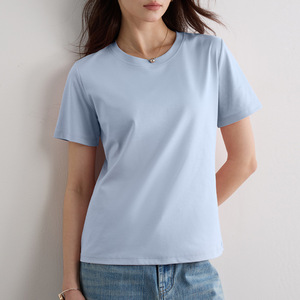 T-shirt basique uni à col rond pour femme, 75% coton mercerisé, 25% polyester, 240 GSM, mélange de coton, pour femmes - Product Image 3