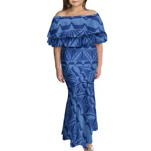 Blue Pacific Island Art Women's Trendy Fishtail Dresses Micronesia Design Double Shawl Off Shoulder Mermaid Dress Wholesale