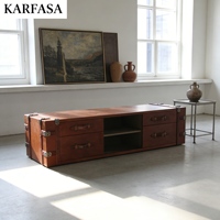 Meuble TV rétro en cuir de style américain, console multimédia pour salon avec 4 tiroirs, mobilier de maison OEM/ODM
