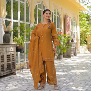 Ensemble Salwar Kameez en coton brodé couleur moutarde pour femme avec dupatta, manches 3/4, longueur genou, tenue de fête traditionnelle style pakistanais - Product Image 1