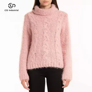 Fabricantes de suéteres de punto al por mayor, suéter de ganchillo torcido grueso de color personalizado, jersey de cuello alto liso de punto para mujer