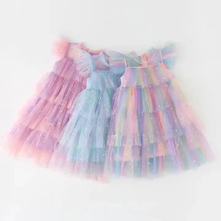 Gaun Kue Anak Perempuan XH Tulle Lengan Terbang Bintang Pelangi Berpayet Jala Anak-anak Pakaian Pesta Ulang Tahun Bengkak
