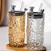 Ours en peluche tasse de paille jus boisson tasse bureau grande capacité tasse à café en verre avec couvercle et paille mur transparent tasse à boire