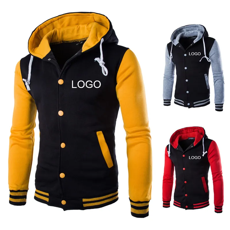 Atacado Classic Baseball Hoodies Homens Primavera Outono Quente Patchwork Fleece Sweatshirts com capuz