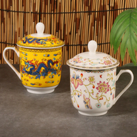 Tasse à thé en céramique de style chinois avec couvercle, motif lotus porte-bonheur, tasse florale bouddhiste tibétaine, ensemble de tasses à thé en porcelaine bleue et blanche