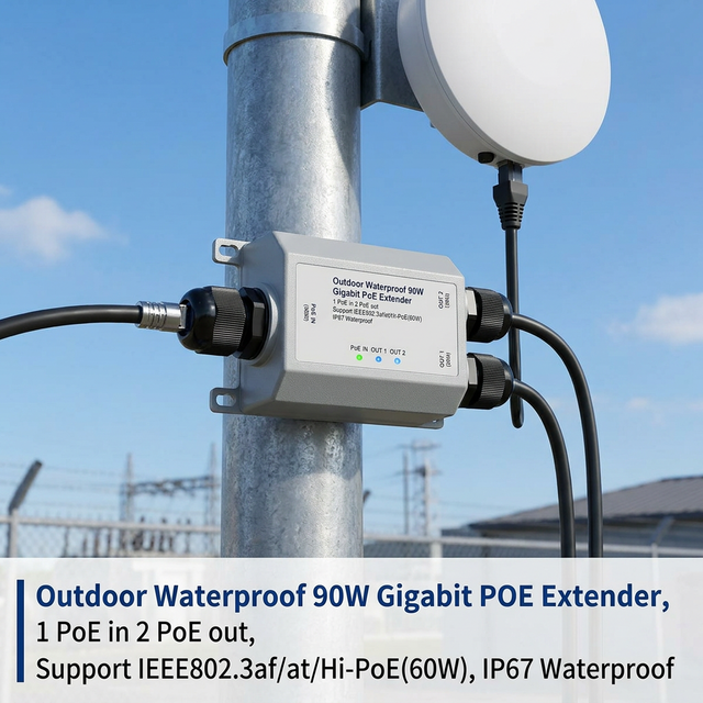 IP67 Waterproof 90W Gigabit PoE++ Extender 1 in 2 Out IEEE802.3bt Outdoor PoE Repeater for IP Camera Wireless AP CCTV
