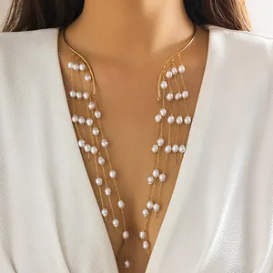 2023 exaggerated long tassel open collar punk fashion round star pearl beaded choker necklace for women