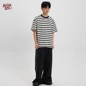 Tissu en lin rayé tricoté sur mesure, OEM pour garçon, pur coton 250GSM, rayures larges, col rond, anti-rétrécissement pour adultes, tendances - Product Image 1