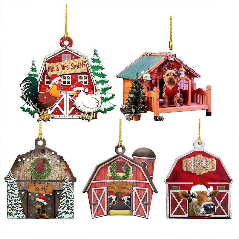 Hanging Flat Dogs Cats Animal Acrylic Pendants Christmas Tree Ornaments For Christmas Holiday Home Decoration